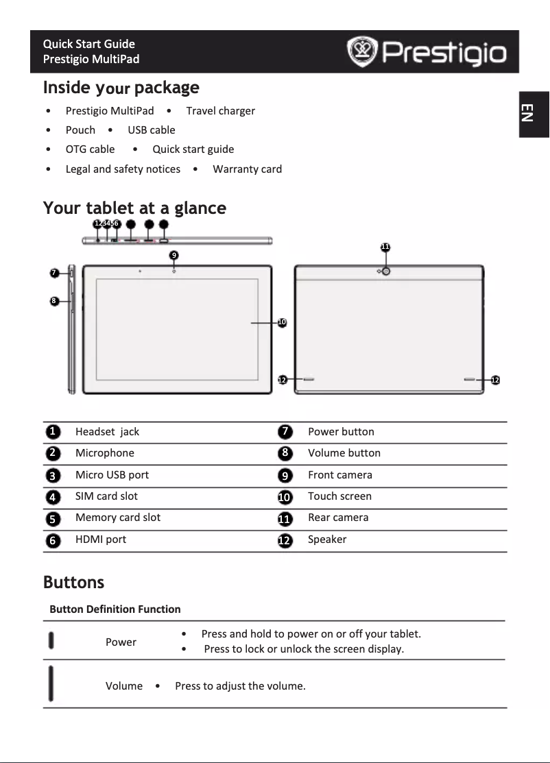 Page 1 de la notice Manuel utilisateur Prestigio 4 Diamond 10.1