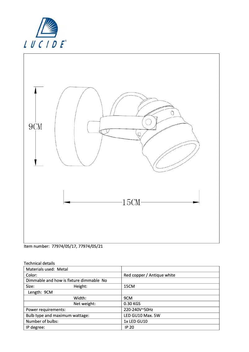 Page 1 de la notice Manuel utilisateur Lucide Cigal 77974/05/21