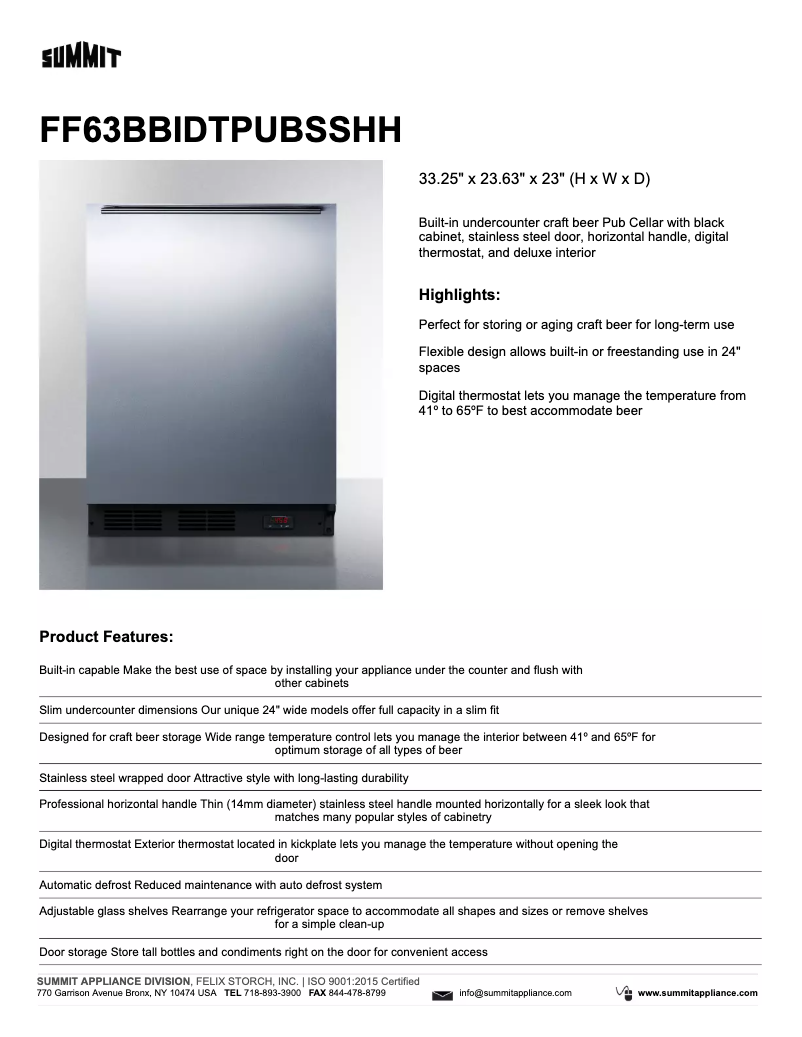Page 1 de la notice Fiche technique Summit FF63BBIDTPUBSSHH