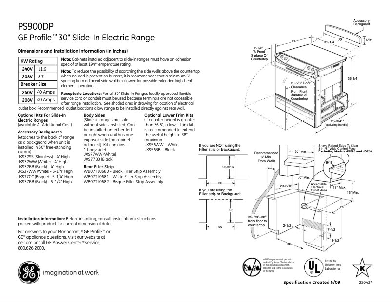 Page 1 of the manual Technical Sheet GE Profile PS900DPCC