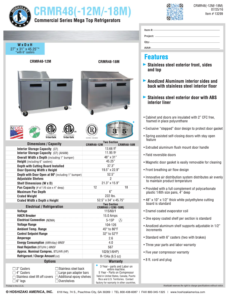 Page 1 de la notice Fiche technique Hoshizaki CRMR48-12M