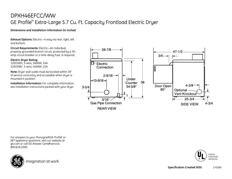 Página 1 del manual Ficha técnica GE Profile DPXH46EFWW