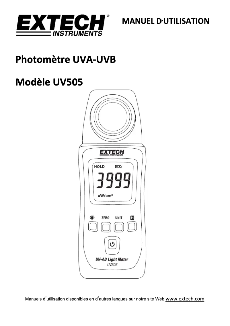 Page 1 de la notice Manuel utilisateur Extech UV505