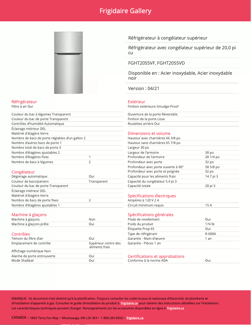 Page 1 de la notice Fiche technique Frigidaire FGHT2055VF