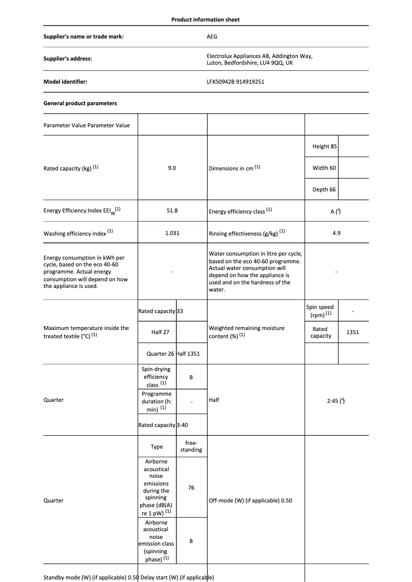 Página 1 del manual Ficha técnica AEG LFX50942B