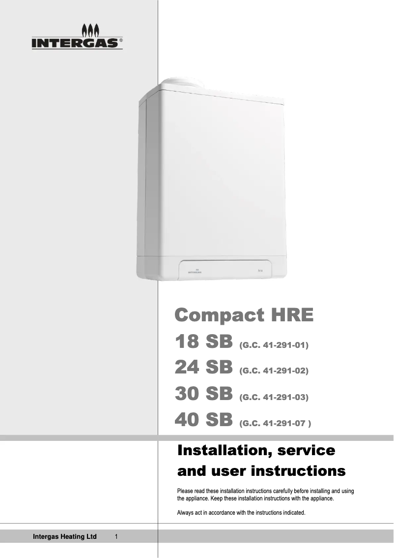 Page 1 of the manual Installation Guide Intergas Compact HRE 40 SB