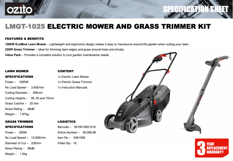 Page 1 de la notice Fiche technique Ozito LMGT-1025