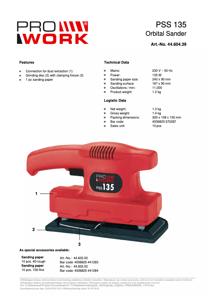 Page 1 de la notice Manuel utilisateur Prowork PSS 135