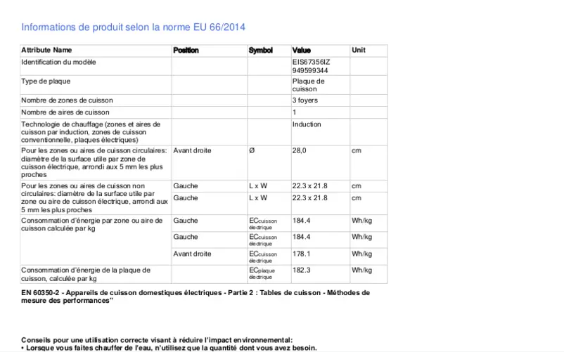Page 1 de la notice Fiche technique Electrolux EIS67356IZ