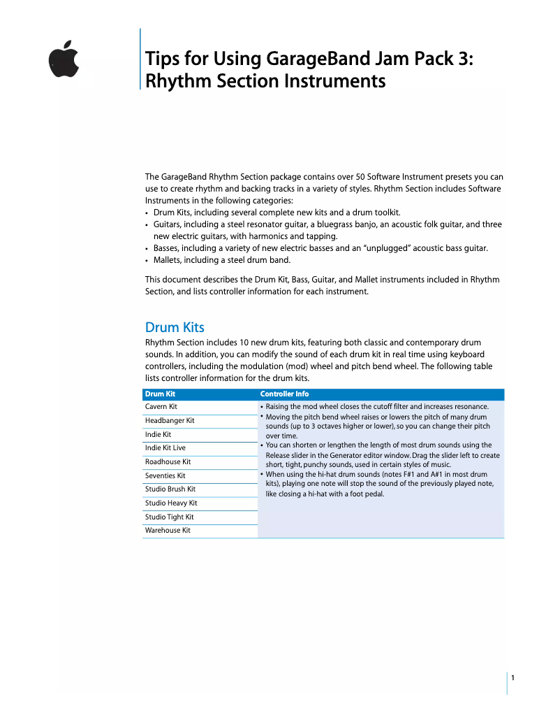 Page 1 de la notice Manuel utilisateur Apple GarageBand Jam Pack 3: Rhythm Section Instruments