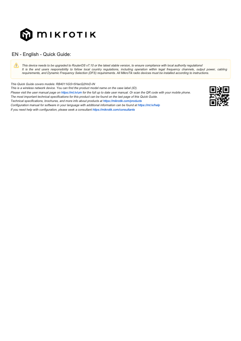 Page 1 de la notice Manuel utilisateur Mikrotik RB4011iGS+5HacQ2HnD-IN