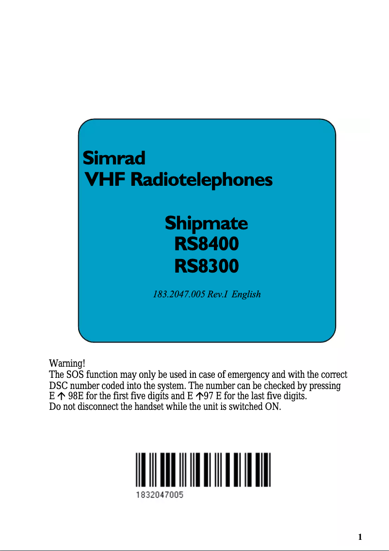 Page 1 de la notice Manuel utilisateur Simrad RS8300 Shipmate