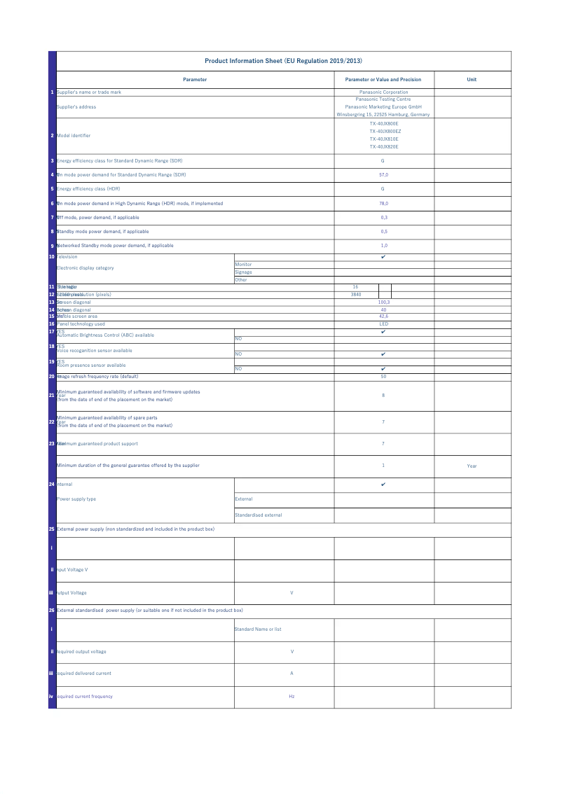 Page 1 of the manual Technical Sheet Panasonic TX-40JX800E