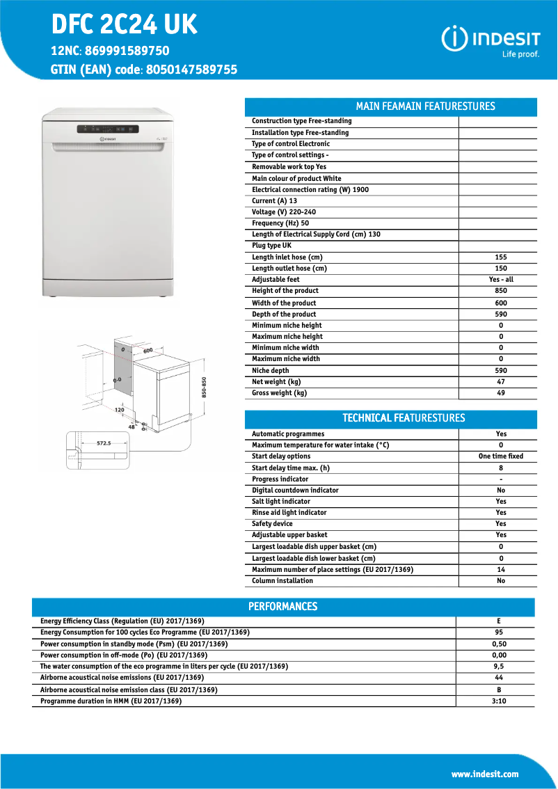 Página 1 del manual Ficha técnica Indesit DFC 2C24 UK