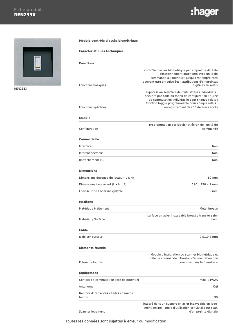Page 1 de la notice Fiche technique Elcom REN233X