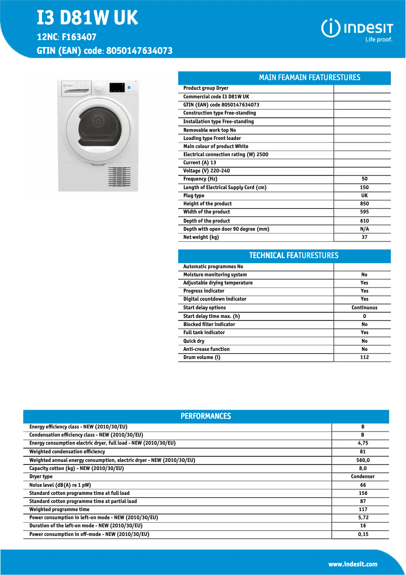 Página 1 del manual Ficha técnica Indesit I3 D81W UK