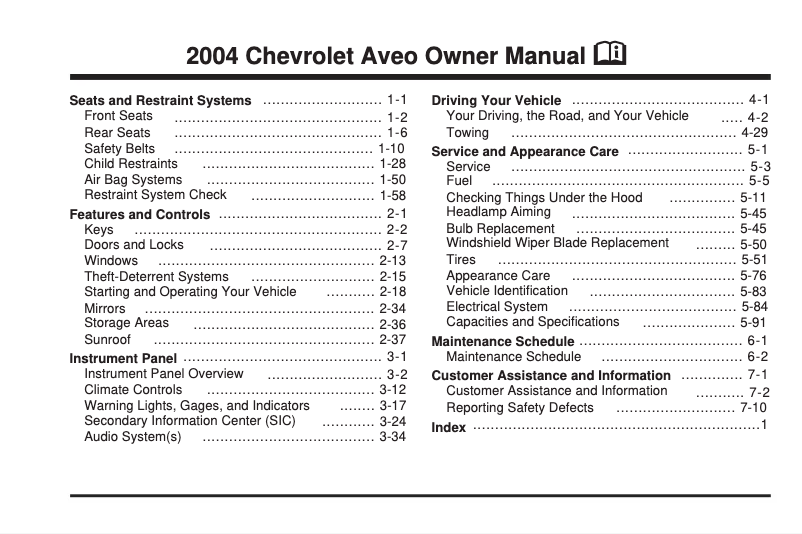 Page 1 de la notice Manuel utilisateur Chevrolet Aveo (2004)