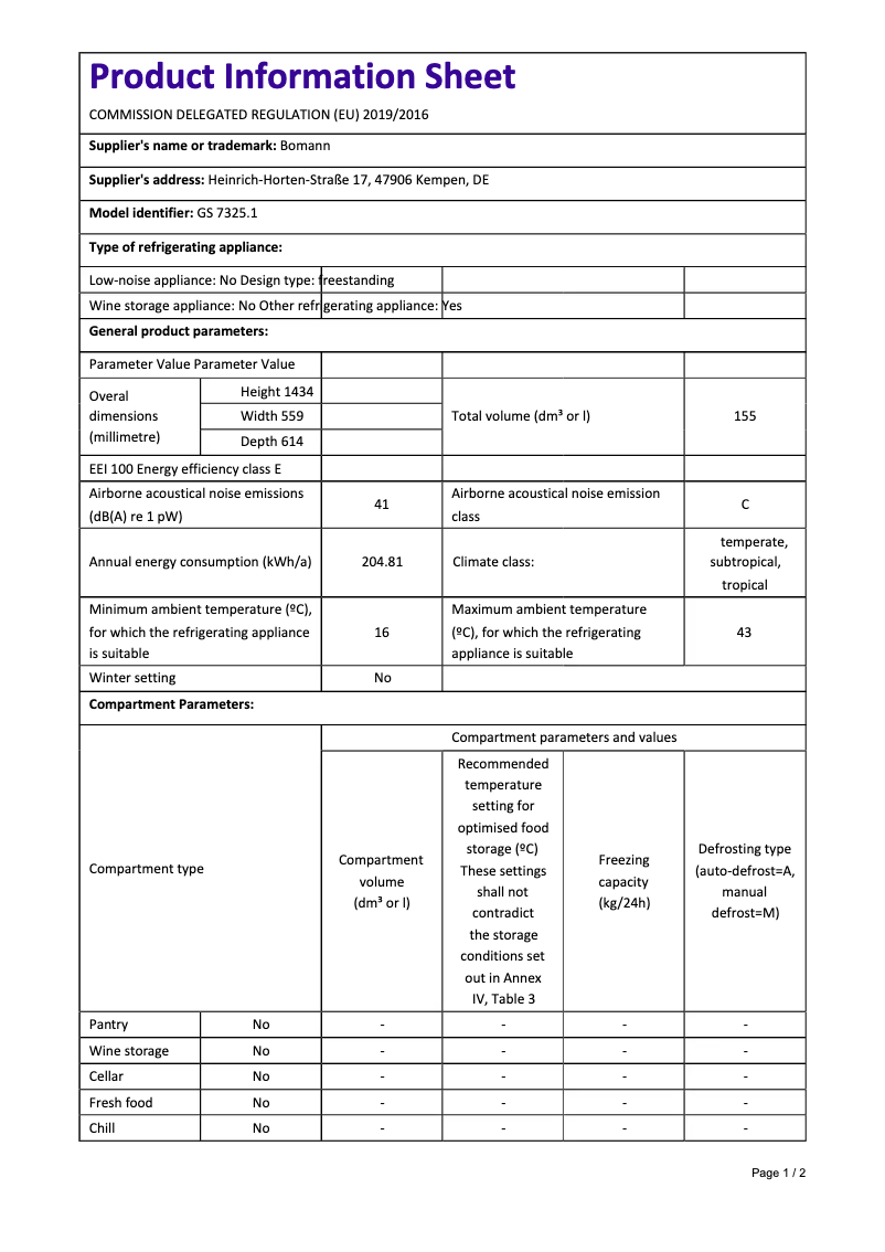 Page 1 de la notice Fiche technique Bomann GS 7325.1