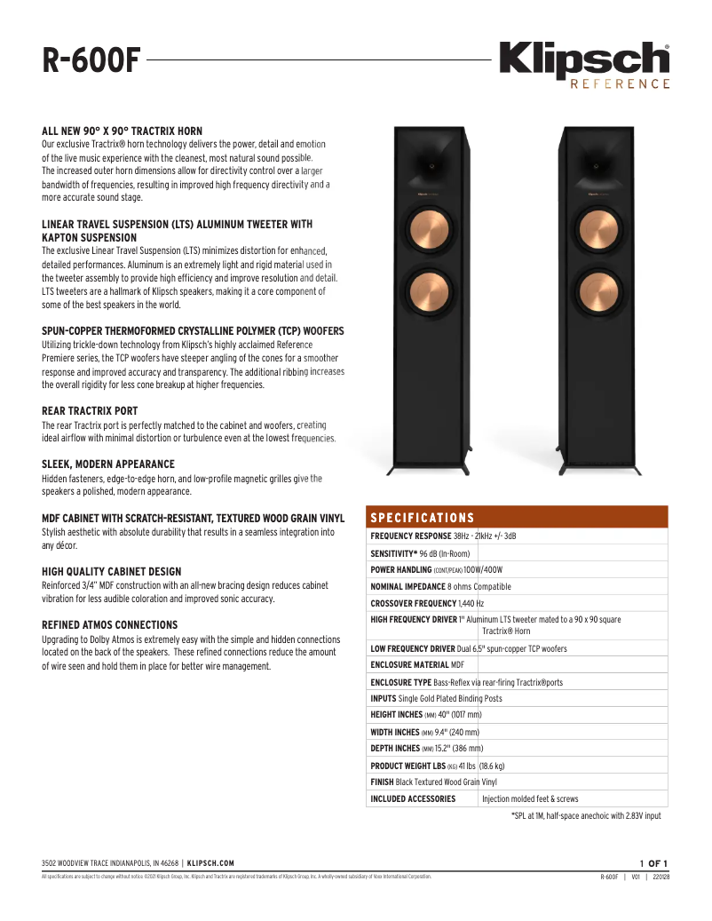 Page 1 de la notice Fiche technique Klipsch R-600F