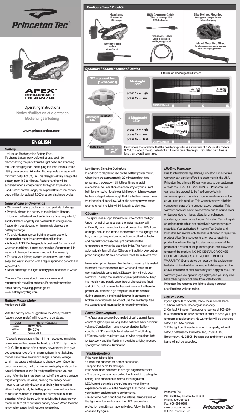 Page 1 de la notice Manuel utilisateur Princeton Tec Apex Recharheable