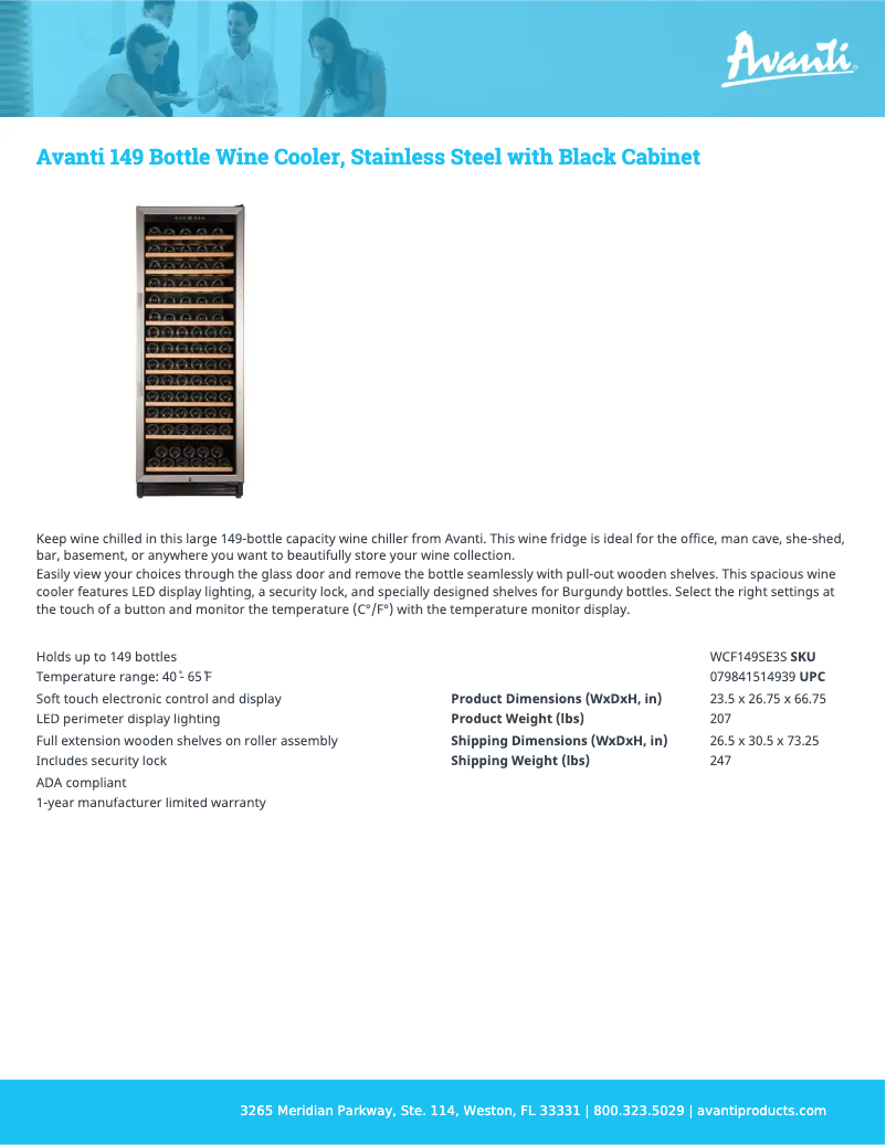 Page 1 de la notice Fiche technique Avanti WCF149SE3S