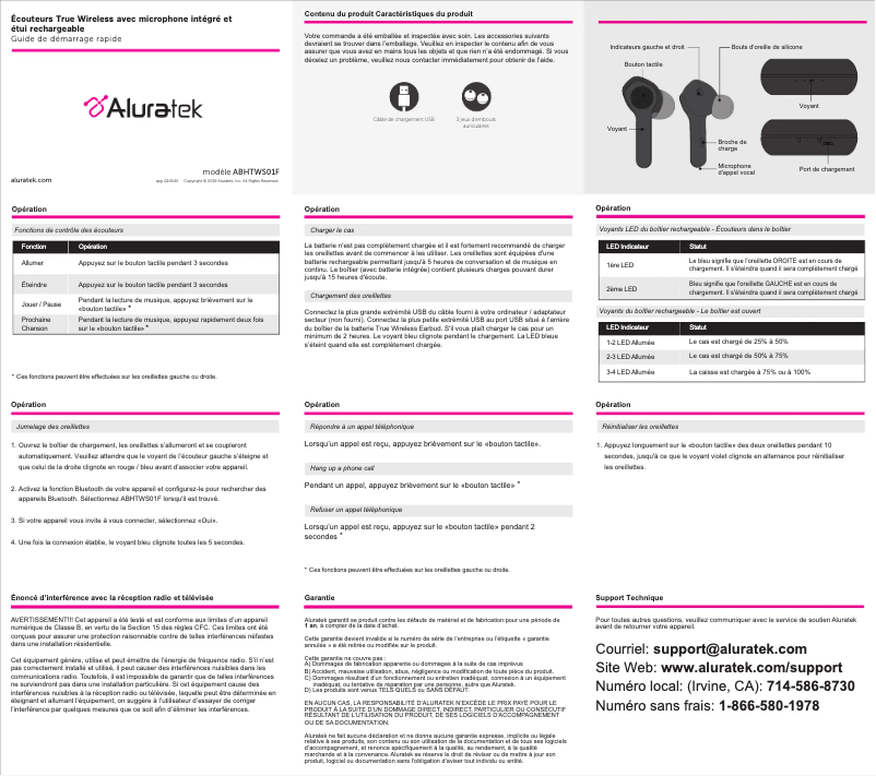 Page 1 de la notice Guide de démarrage rapide Aluratek ABHTWS01F