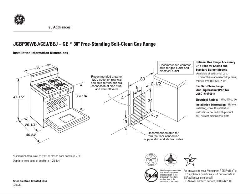 Página 1 del manual Ficha técnica GE JGBP36WEJWW