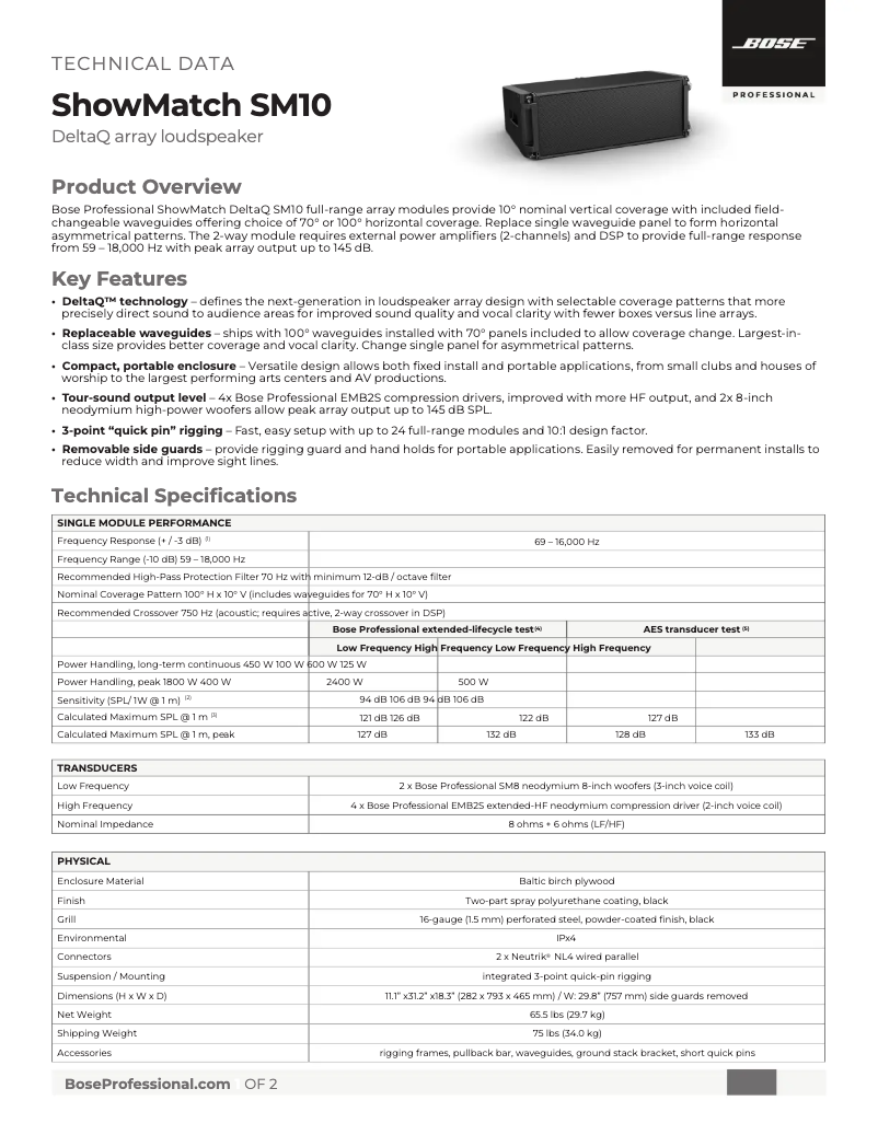 Página 1 del manual Ficha técnica Bose ShowMatch SM10