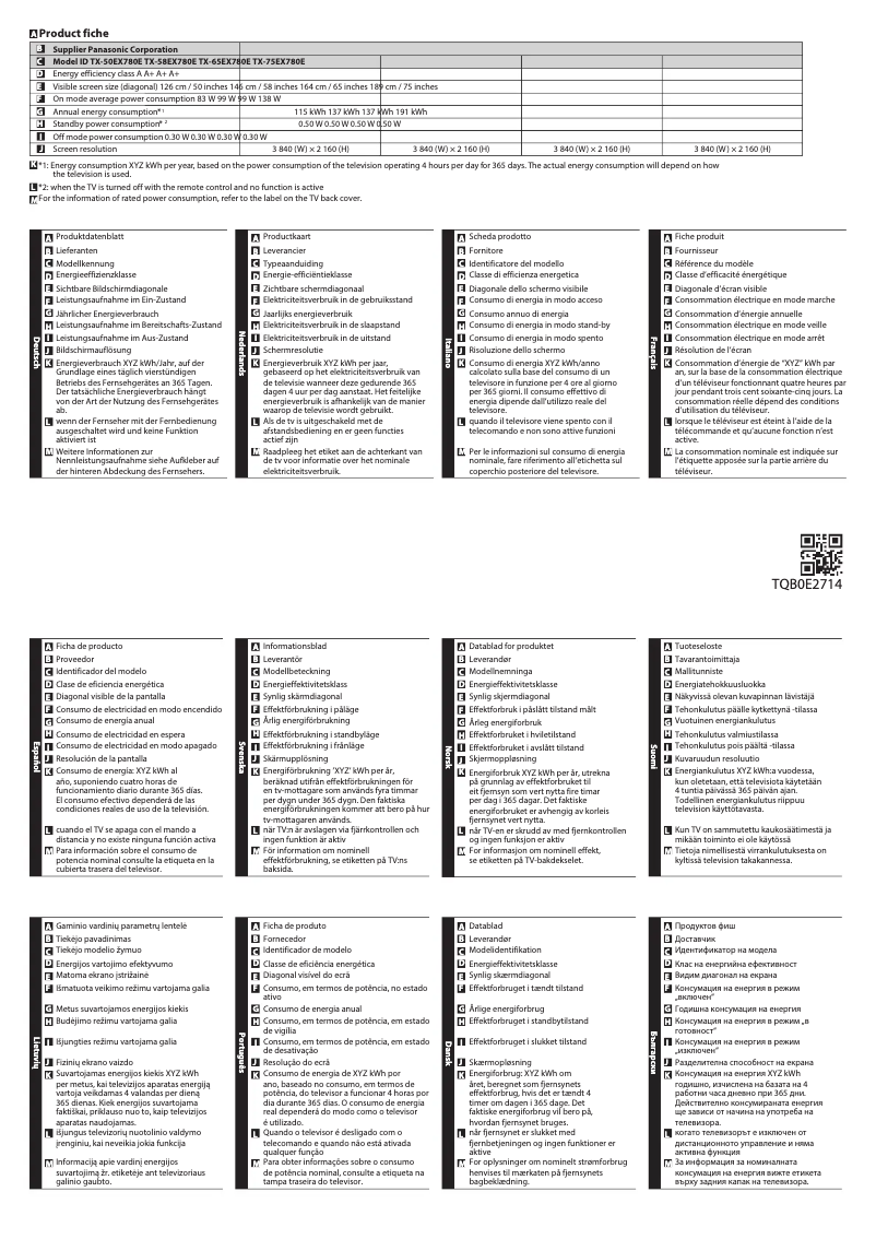 Page 1 de la notice Fiche technique Panasonic TX-65EX780E