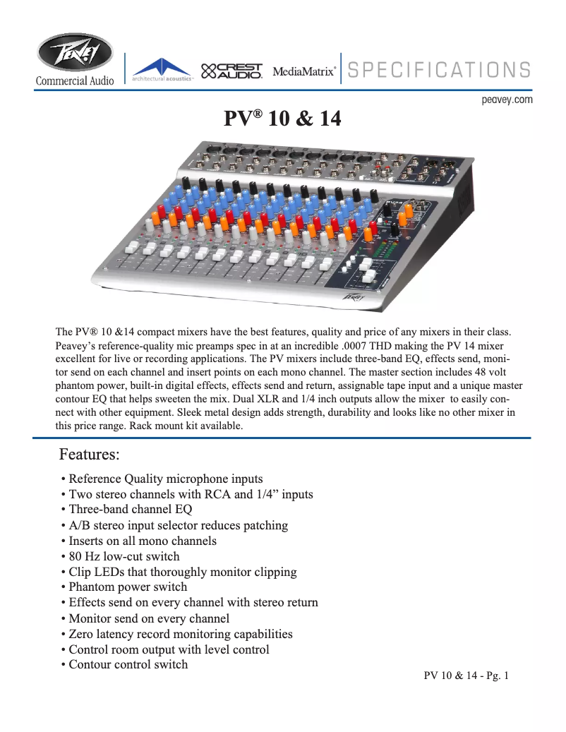 Página 1 del manual Ficha técnica Peavey PV 10
