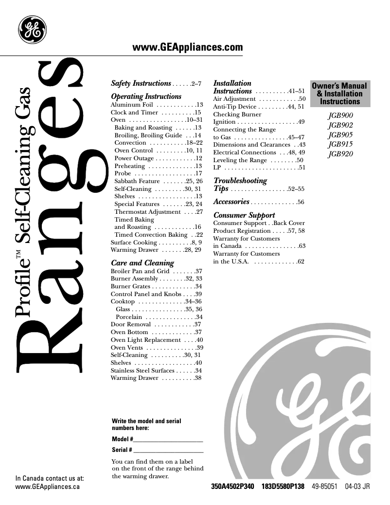 Page 1 of the manual Use and Maintenance Manual GE Profile JGB920KECCC