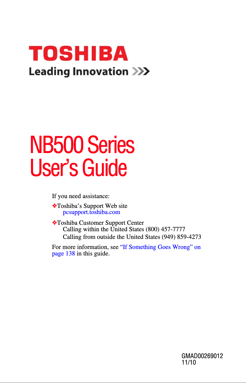 Page 1 de la notice Manuel utilisateur Toshiba Mini NB500