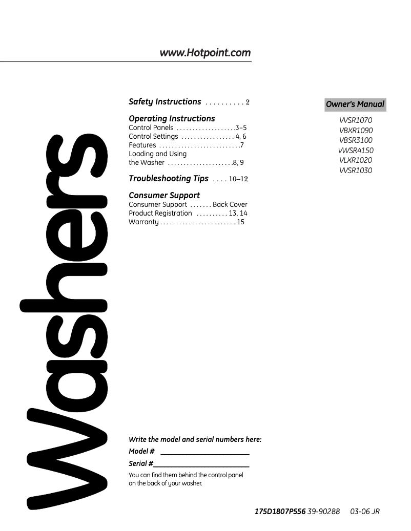 Page 1 de la notice Manuel d'utilisation et d'entretien Hotpoint VBXR1090BWW