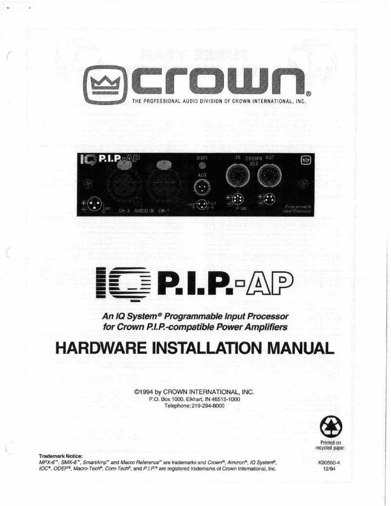Page 1 de la notice Manuel utilisateur Crown IQ-P.I.P.-AP