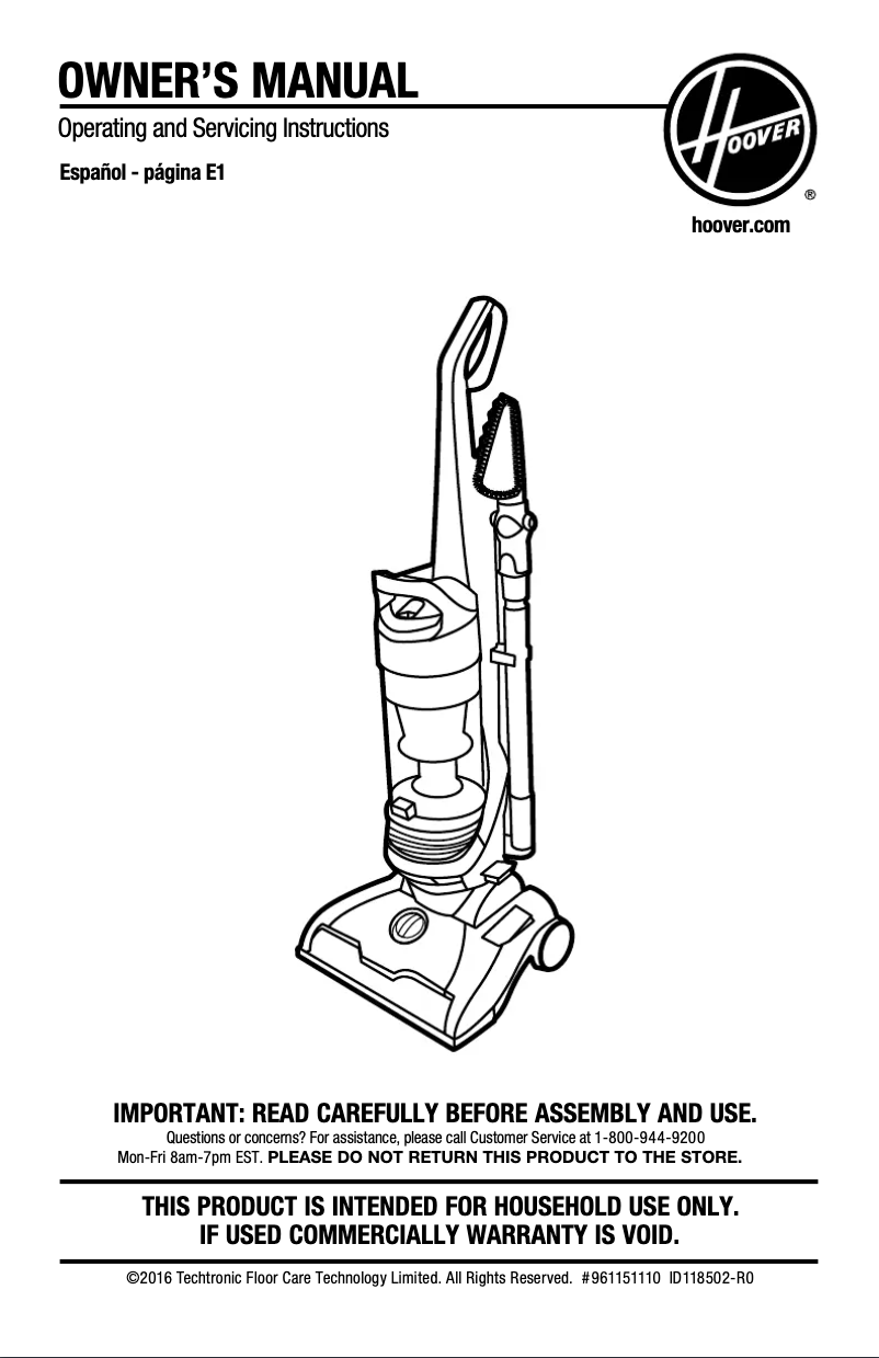 Page 1 de la notice Manuel utilisateur Hoover WindTunnel 2 Whole House UH71250