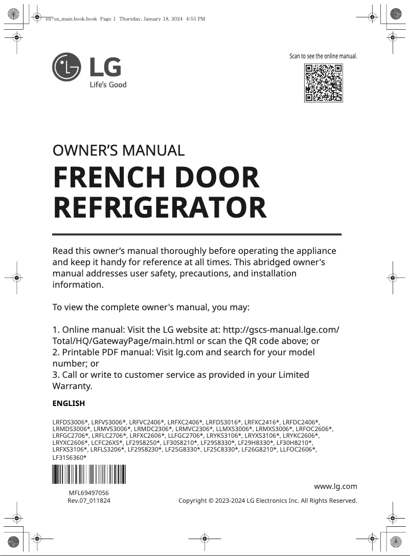 Page 1 de la notice Manuel utilisateur LG LRFOC2606S