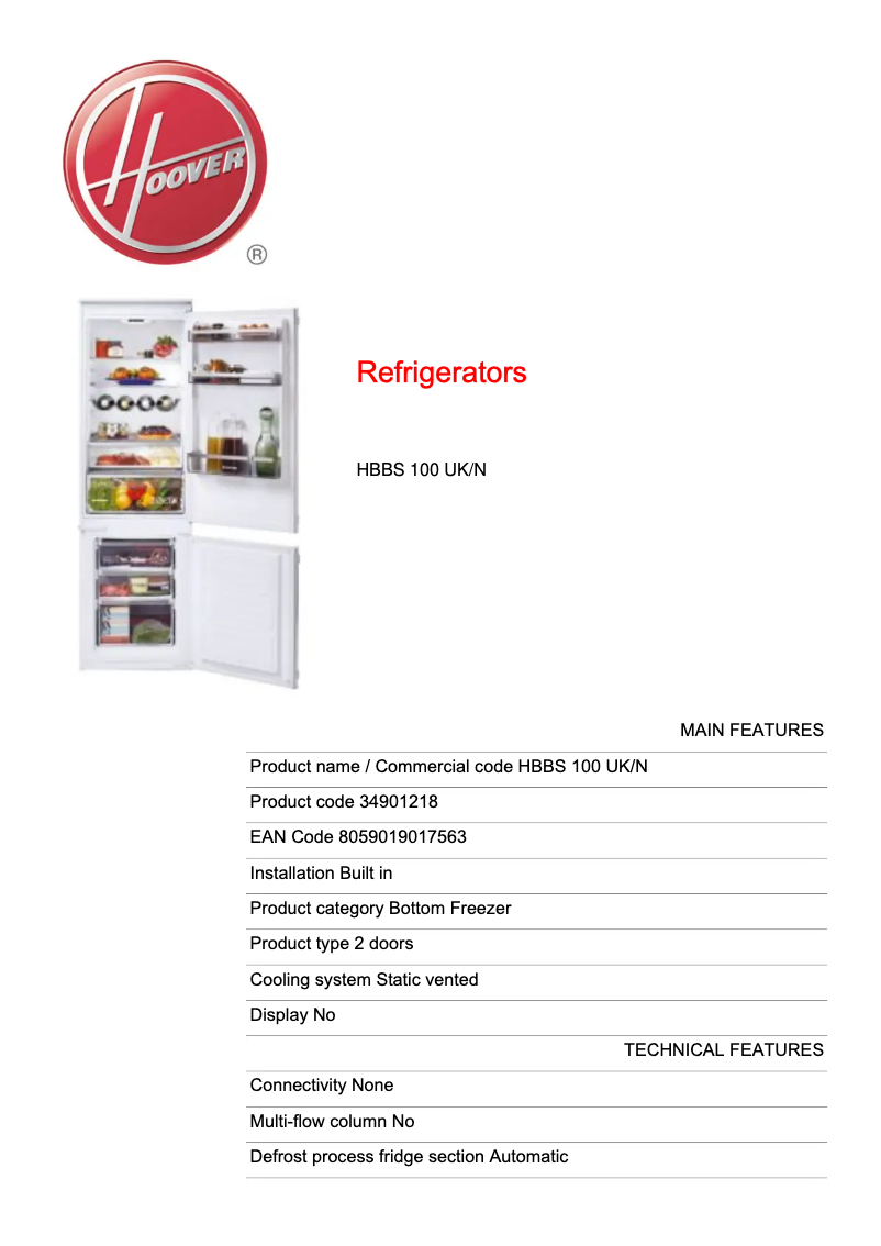 Page 1 de la notice Fiche technique Hoover HBBS 100 UK/N