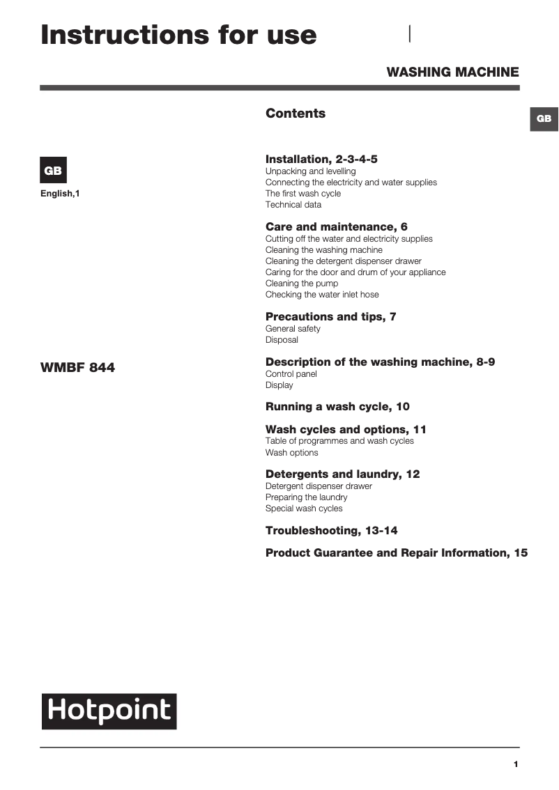 Página 1 del manual Manual de usuario Hotpoint WMBF 844G UK