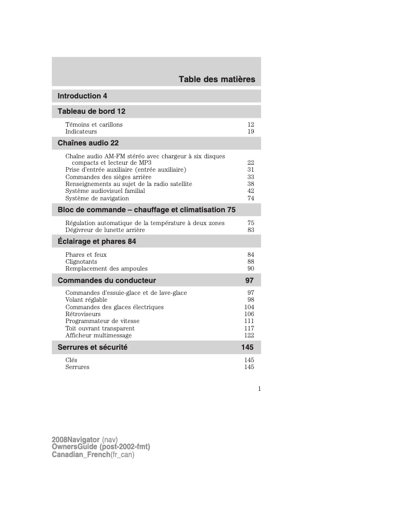 Page 1 de la notice Manuel utilisateur Lincoln Navigator (2008)