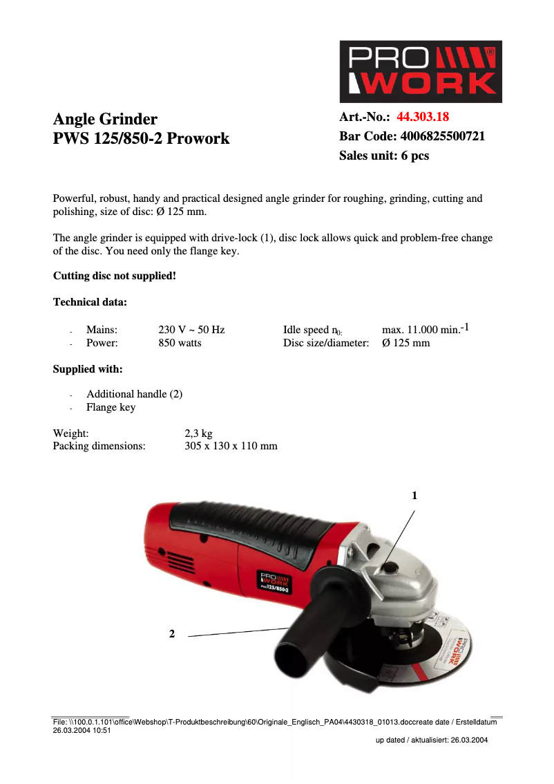 Page 1 de la notice Fiche technique Prowork PWS 125/850-3