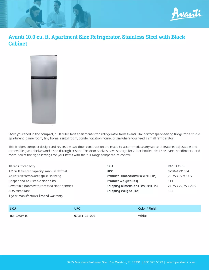 Page 1 de la notice Fiche technique Avanti RA10X3S-IS