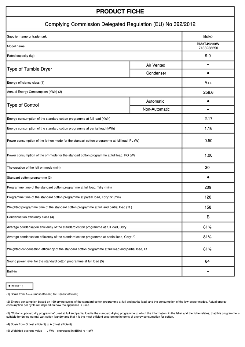 Page 1 de la notice Fiche technique Beko BM3T49230W