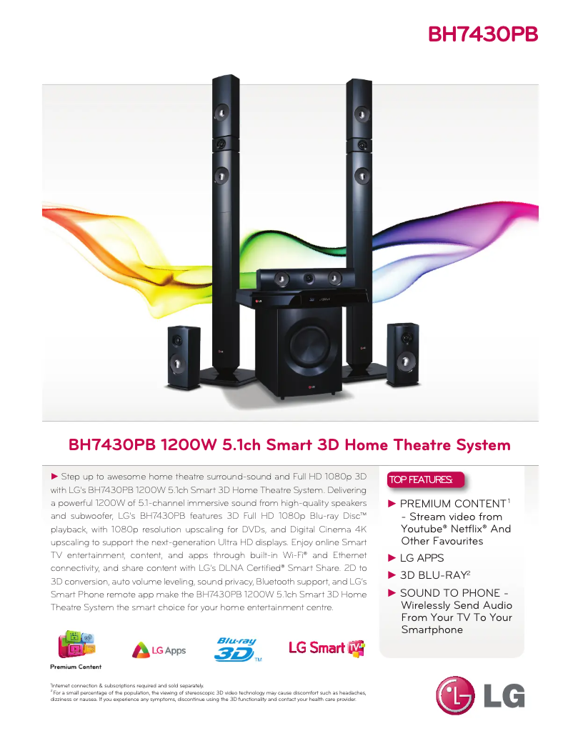 Page 1 de la notice Fiche technique LG BH7430PB