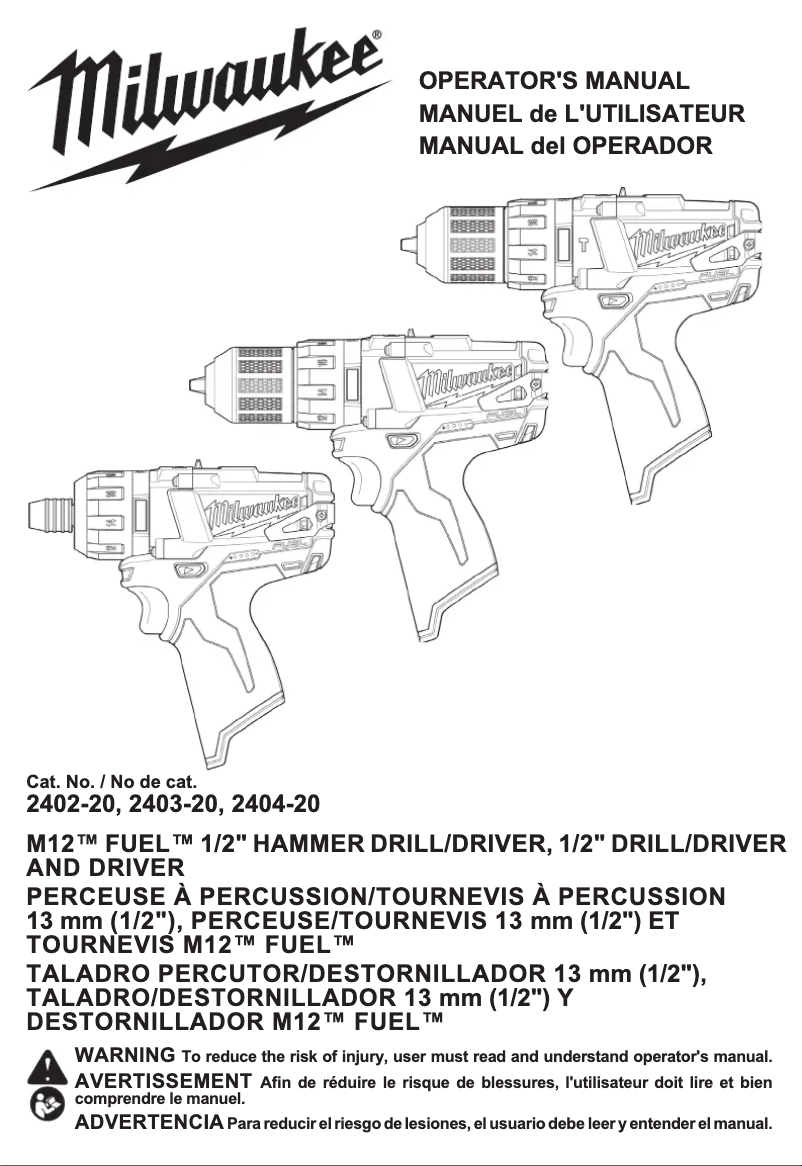 Page 1 de la notice Manuel utilisateur Milwaukee 2402-22