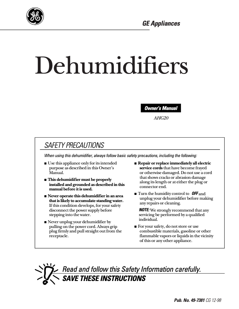 Page n°1 - Manuel utilisateur GE Profile AHG20LA