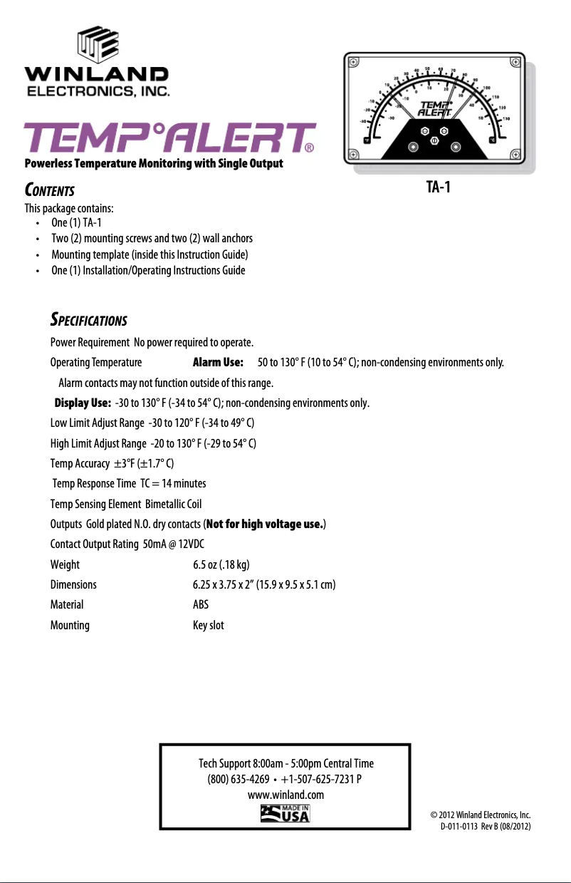 Página 1 del manual Manual de usuario Winland Temp Alert TA-1