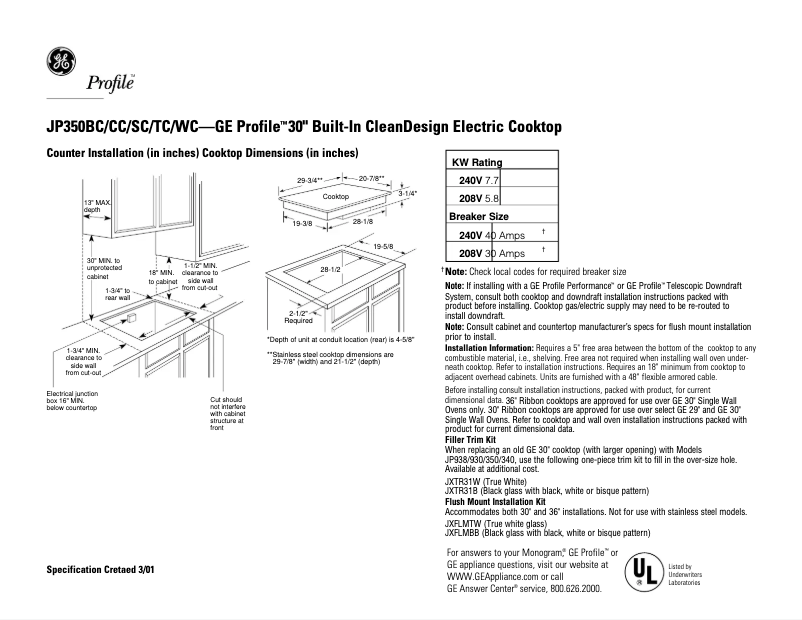 Page n°1 - Fiche technique GE Profile JP350ACAA