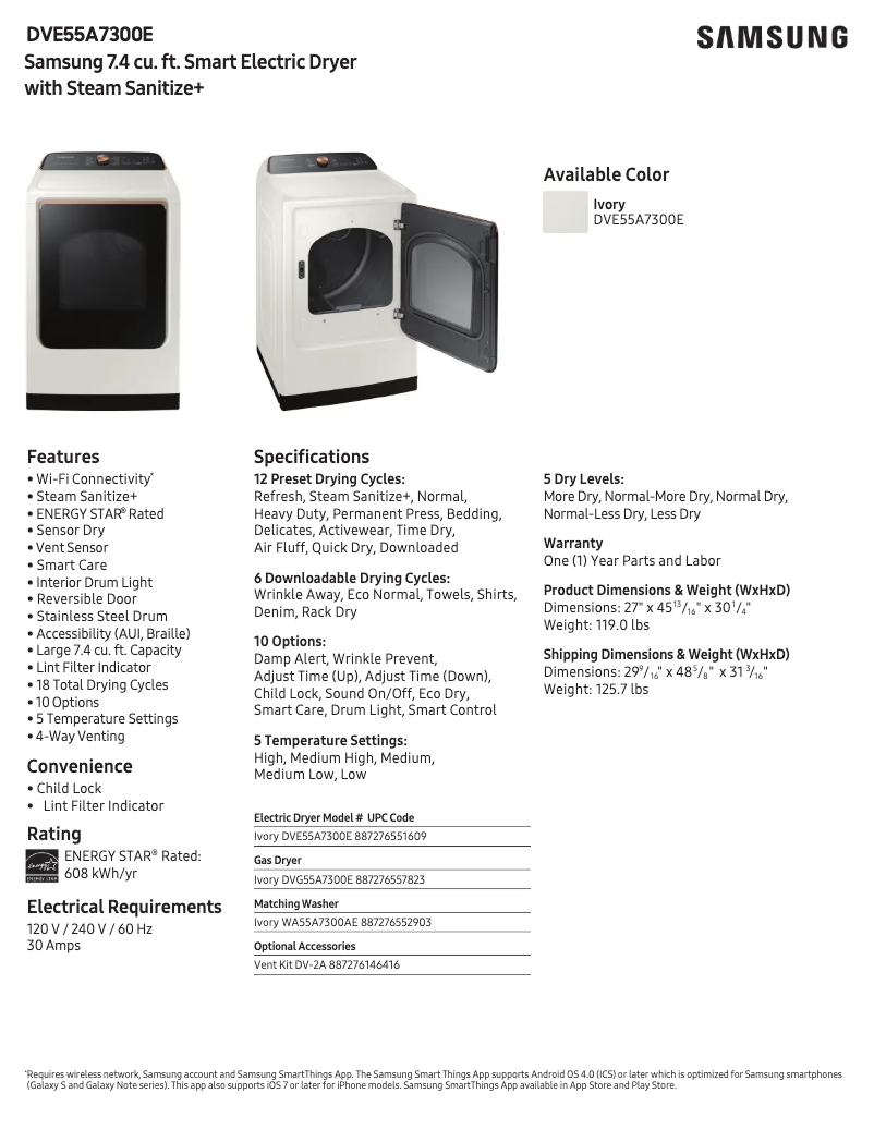 Página 1 del manual Ficha técnica Samsung DVE55A7300E