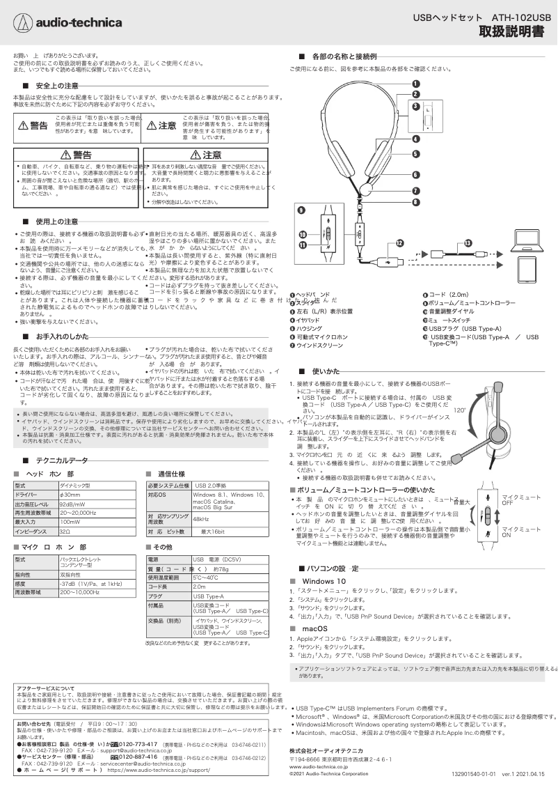 Page 1 de la notice Manuel utilisateur Audio-Technica ATH-102USB