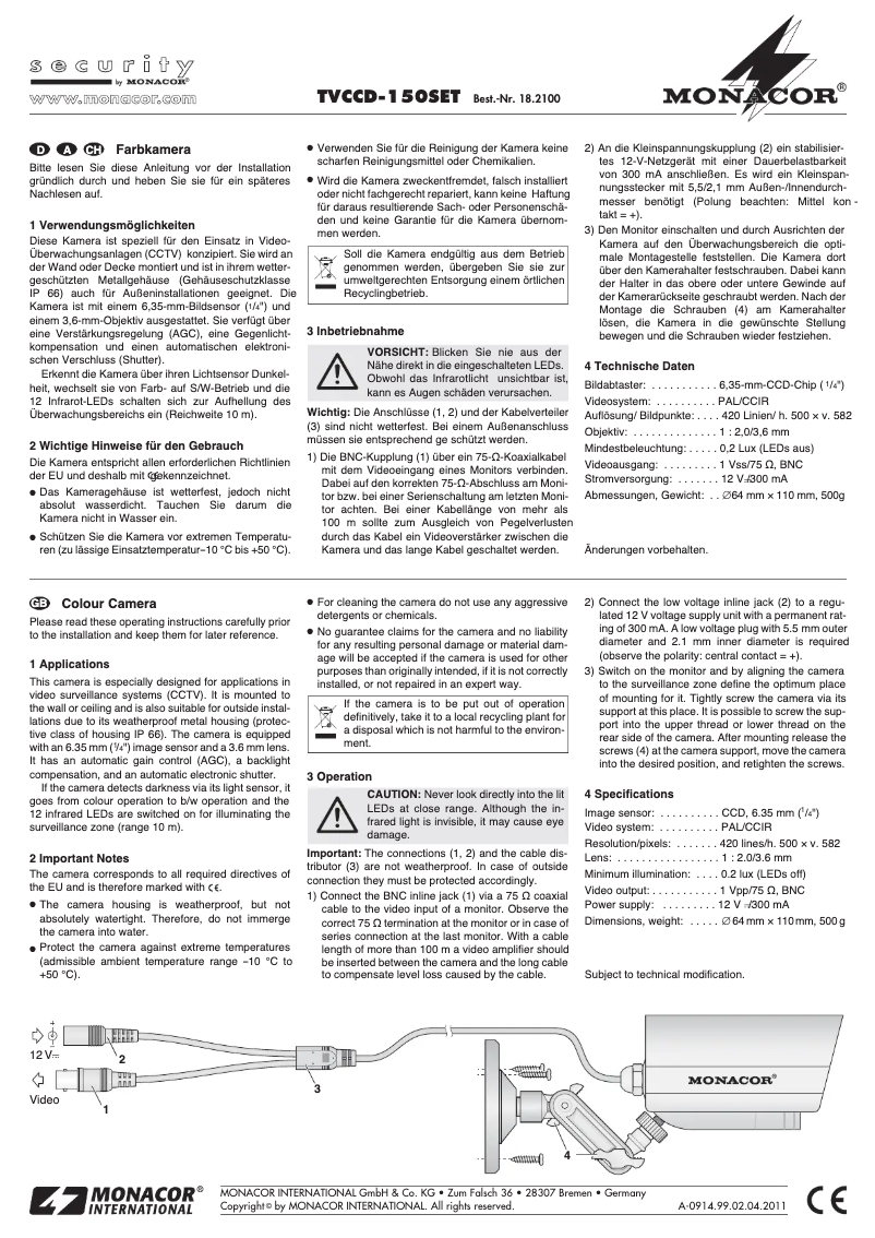 Page 1 de la notice Manuel utilisateur Monacor TVCCD-150SET